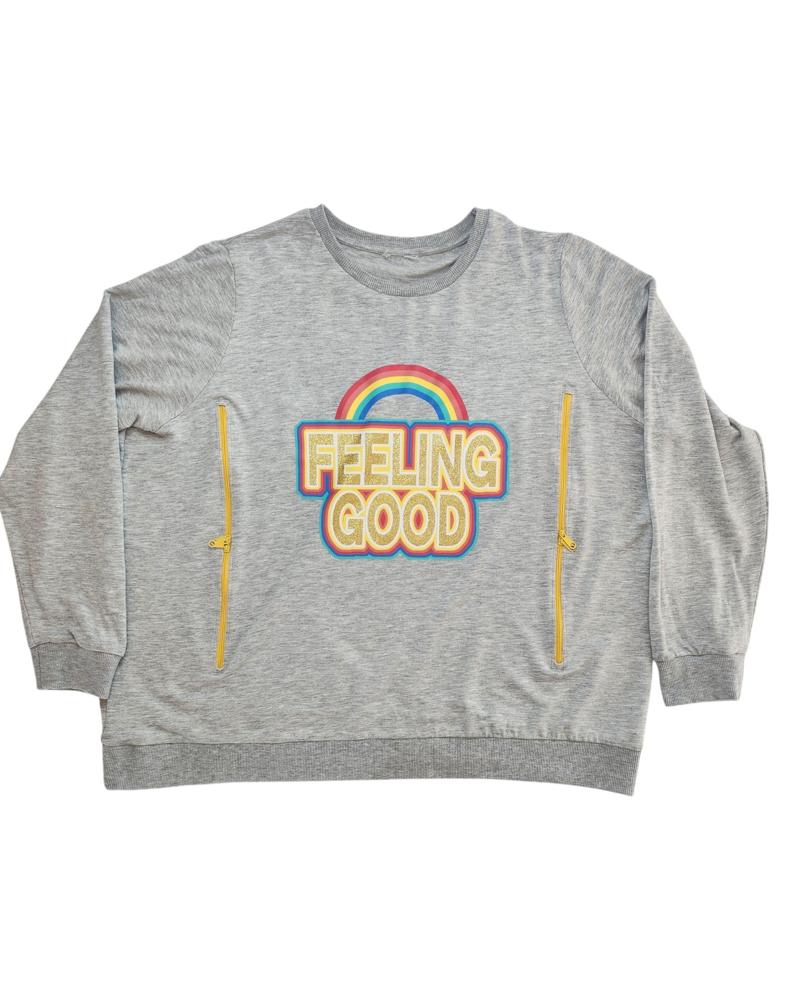 The Upcycled Breastfeeding & Pumping Feeling Good Sweatshirt by touched out mama features gray long sleeves with FEELING GOOD text and a rainbow design. Crafted from eco-friendly materials, it includes two yellow vertical zippers for style and practicality. UK size 22.