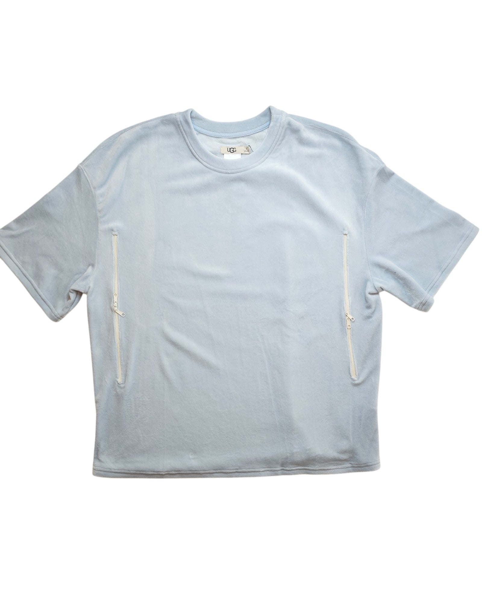 The Upcycled Breastfeeding & Pumping UGG t-shirt XL by touched out mama is light blue with short sleeves and an eco-friendly design. Made from upcycled clothing, it features two front vertical zippers for convenience, a round neckline, and soft lightweight fabric.