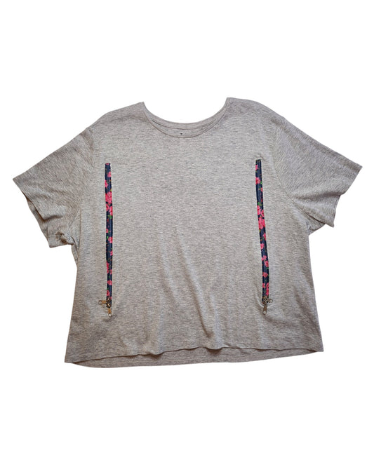 The touched out mama Upcycled Breastfeeding & Pumping Grey Floral Zips t-shirt UK24 is a gray short-sleeved shirt featuring two front vertical floral straps with metal clasps, crafted as upcycled clothing.