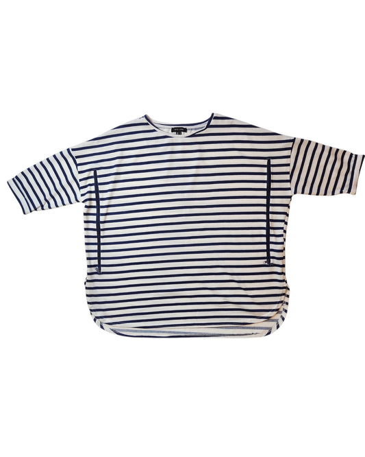 This preloved Upcycled Breastfeeding & Pumping Stripe Knit Top L by touched out mama is a loose-fitting white shirt with navy blue stripes, three-quarter sleeves, and a rounded hemline, perfect for effortless style.
