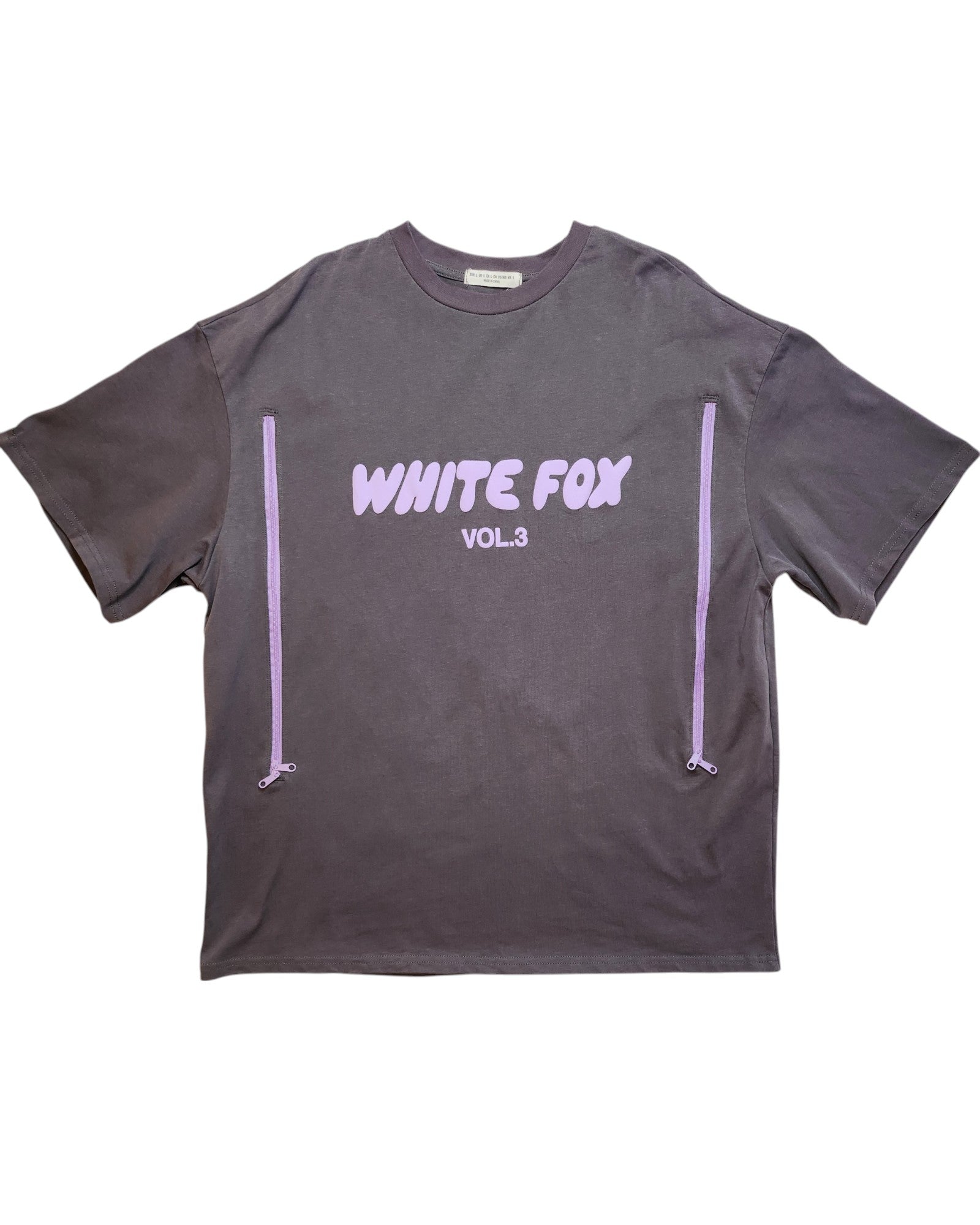 This preloved piece from touched out mama is the Upcycled Breastfeeding (Nursing) & Pumping White Fox T-shirt L featuring the words WHITE FOX VOL.3 in white on dark gray, plus two vertical lavender accents flanking the text for a stylish touch.