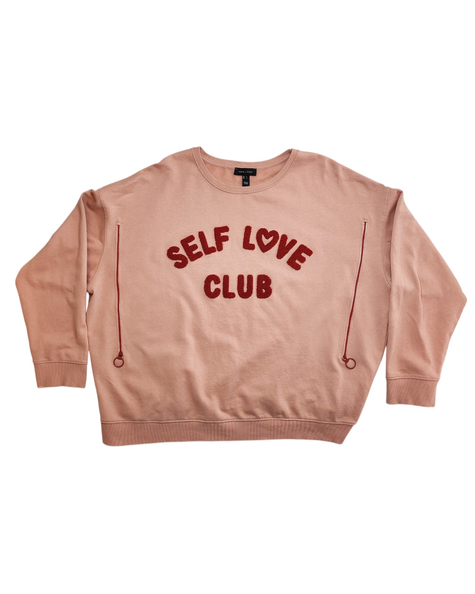 Sport the touched out mamas Upcycled Breastfeeding & Pumping Self Love Club Sweatshirt L, featuring SELF LOVE CLUB in bold red on beige with red drawstrings. This eco-friendly and comfy sweatshirt promotes sustainable fashion while adding versatile style to any wardrobe.