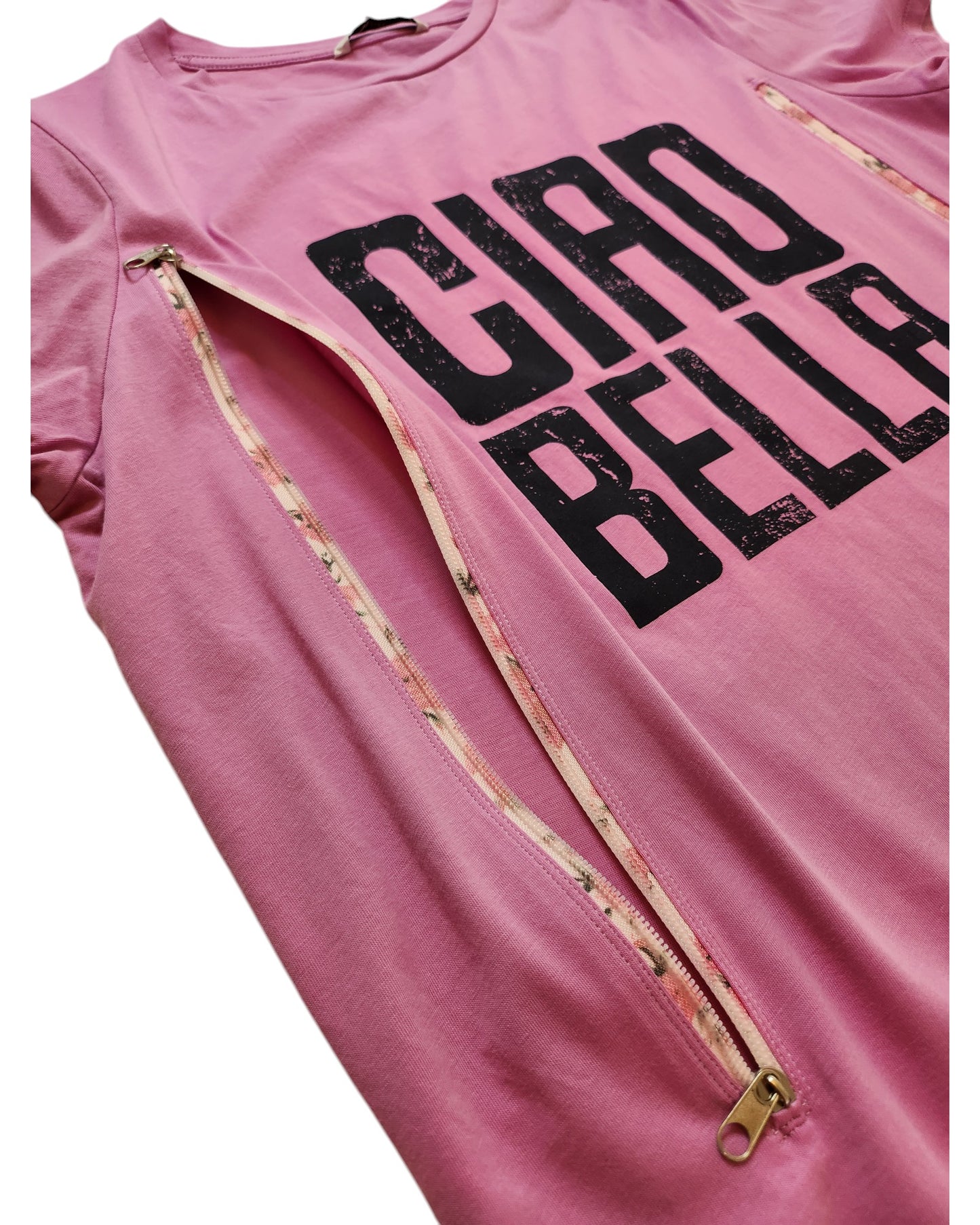 The touched out mama Upcycled Breastfeeding & Pumping Ciao Bella t-shirt (UK14) is pink, features “CIAO BELLA” in bold black letters, and has two gold zippers—stylish and practical for nursing or pumping.