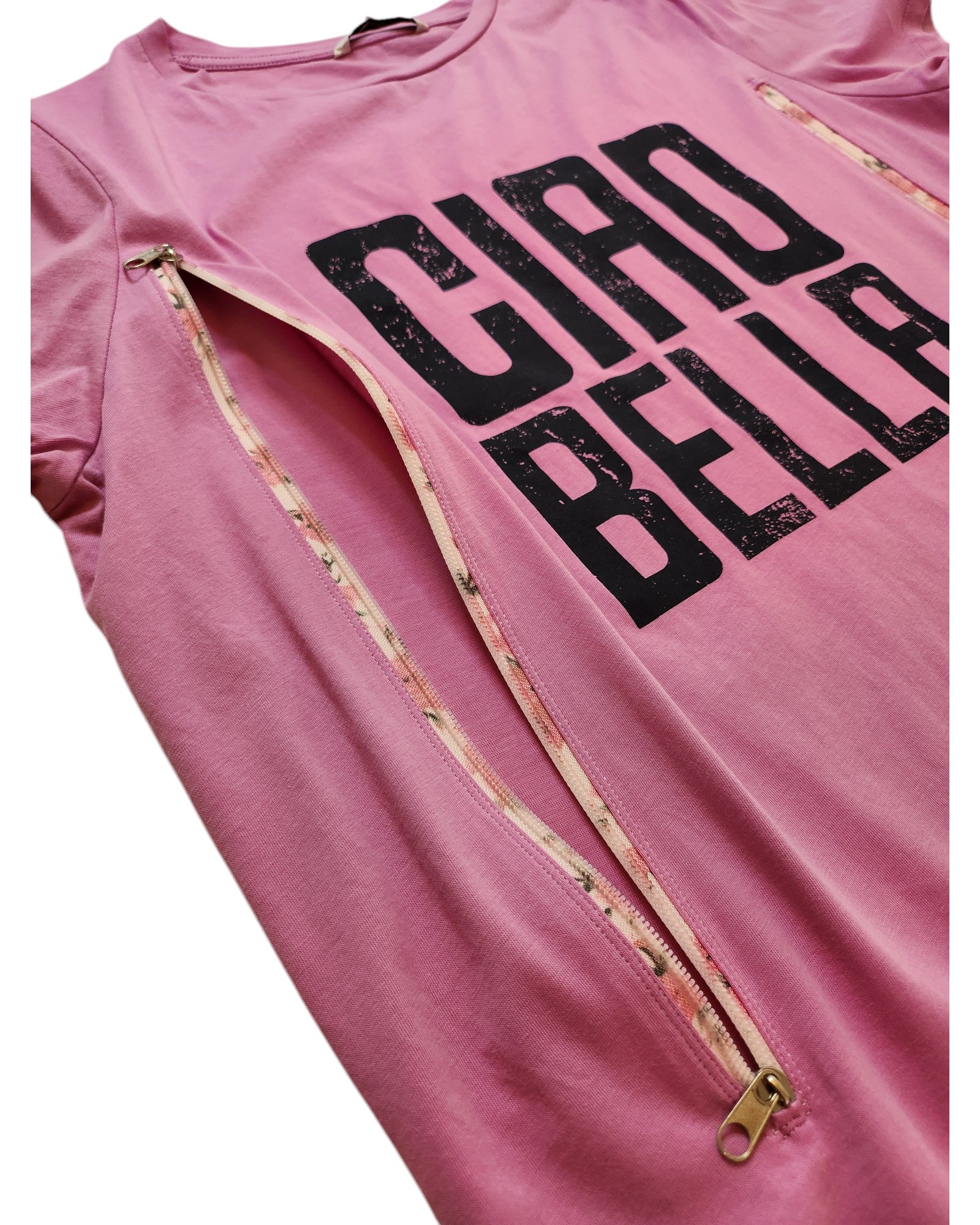 The touched out mama Upcycled Breastfeeding & Pumping Ciao Bella t-shirt (UK14) is pink, features “CIAO BELLA” in bold black letters, and has two gold zippers—stylish and practical for nursing or pumping.