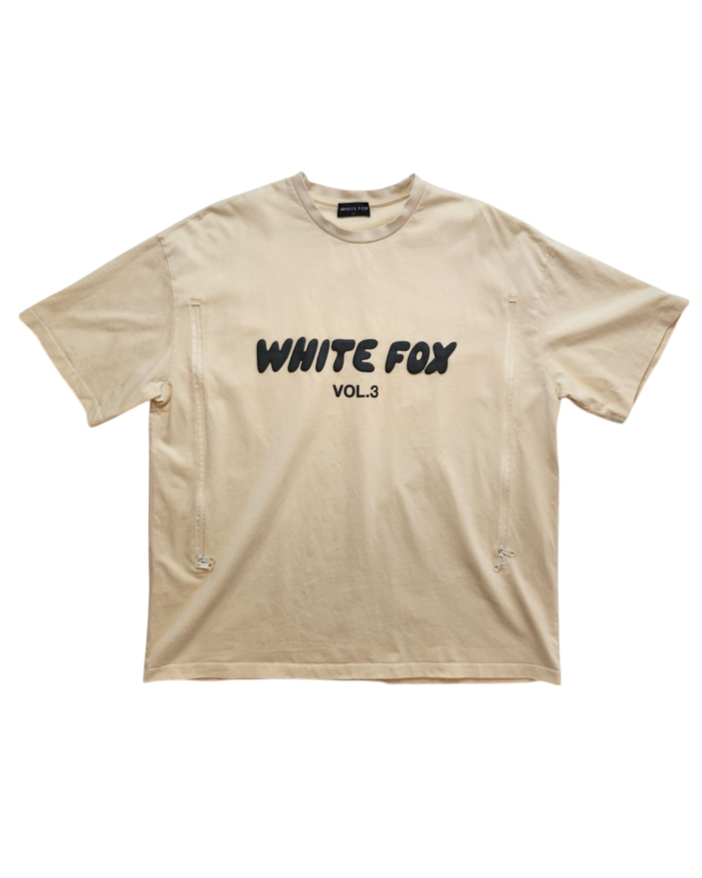 The touched out mama Upcycled Breastfeeding (Nursing) & Pumping White Fox Cream t-shirt M/L offers a casual, loose fit and eco-friendly design. It features an eye-catching WHITE FOX VOL. 3 print in black on beige, highlighting style and sustainability for new mothers.