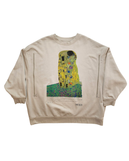The touched out mama Upcycled Breastfeeding & Pumping The Kiss Sweatshirt XL in beige features Gustav Klimts The Kiss with intricate golden patterns and floral designs, offering a relaxed fit that combines artful beauty and sustainability for those who appreciate upcycled clothing.
