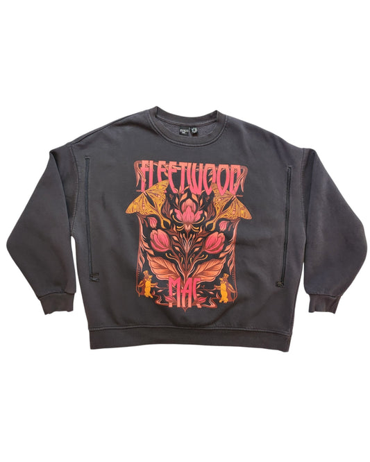 The touched out mama Upcycled Breastfeeding & Pumping Fleetwood Mac Sweatshirt (L, UK14/16) is a black, eco-friendly top with a colorful floral and moth design and bold Fleetwood Mac text on the front.