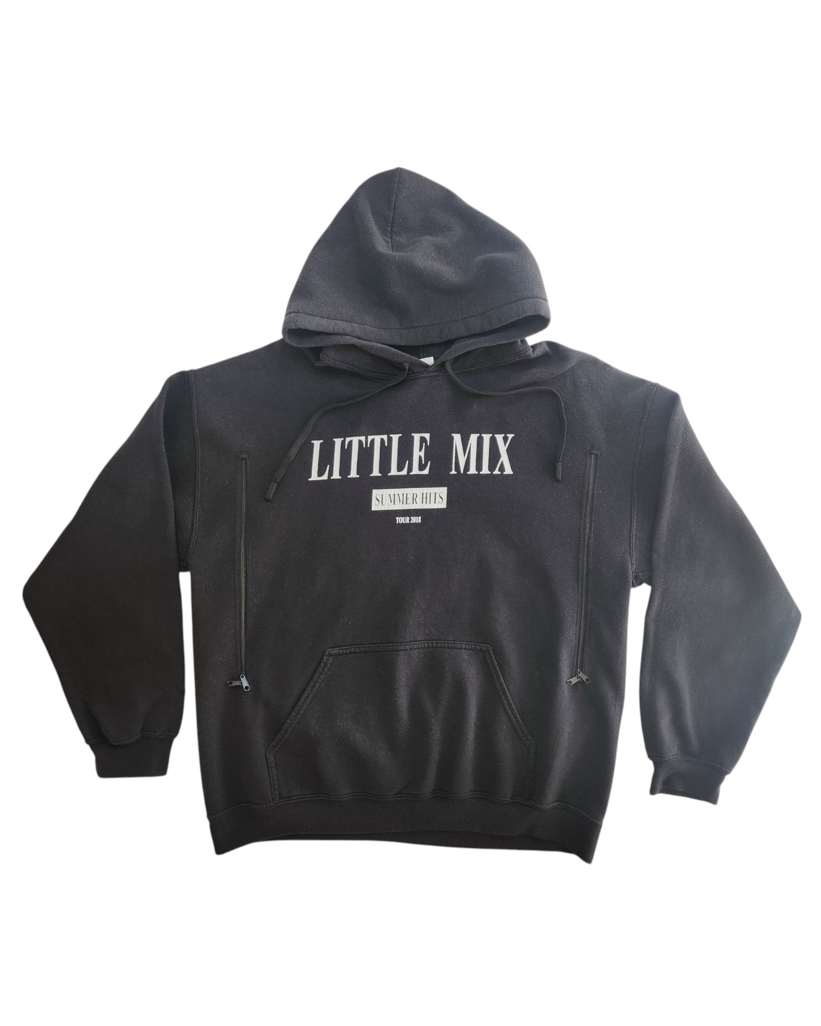 Touched out mamas eco-friendly Upcycled Breastfeeding & Pumping Little Mix Hoodie L in black showcases Little Mix Summer Hits in white on the front. It features a drawstring hood and front pocket, ideal for fans prioritizing style and sustainability.