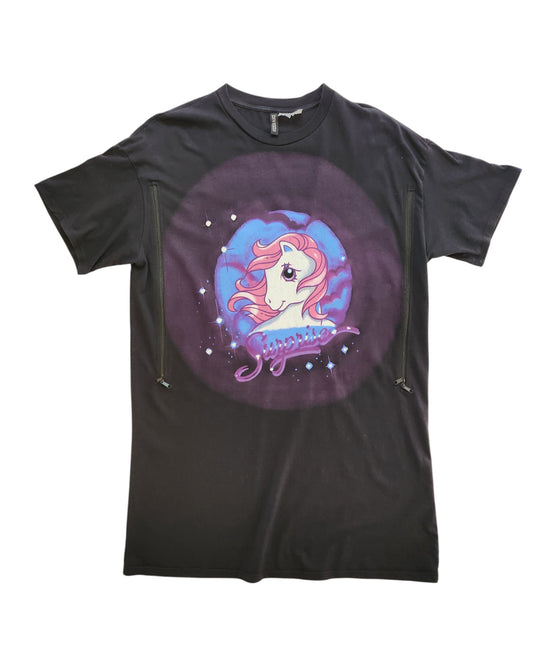 The Upcycled Breastfeeding & Pumping Unicorn T-shirt Dress M by touched out mama features a preloved black design with a cartoon pony with pink hair in a blue and purple circle. The word Sugarberry is playfully inscribed below, surrounded by stars and sparkles, making eco-friendly fashion delightful!.