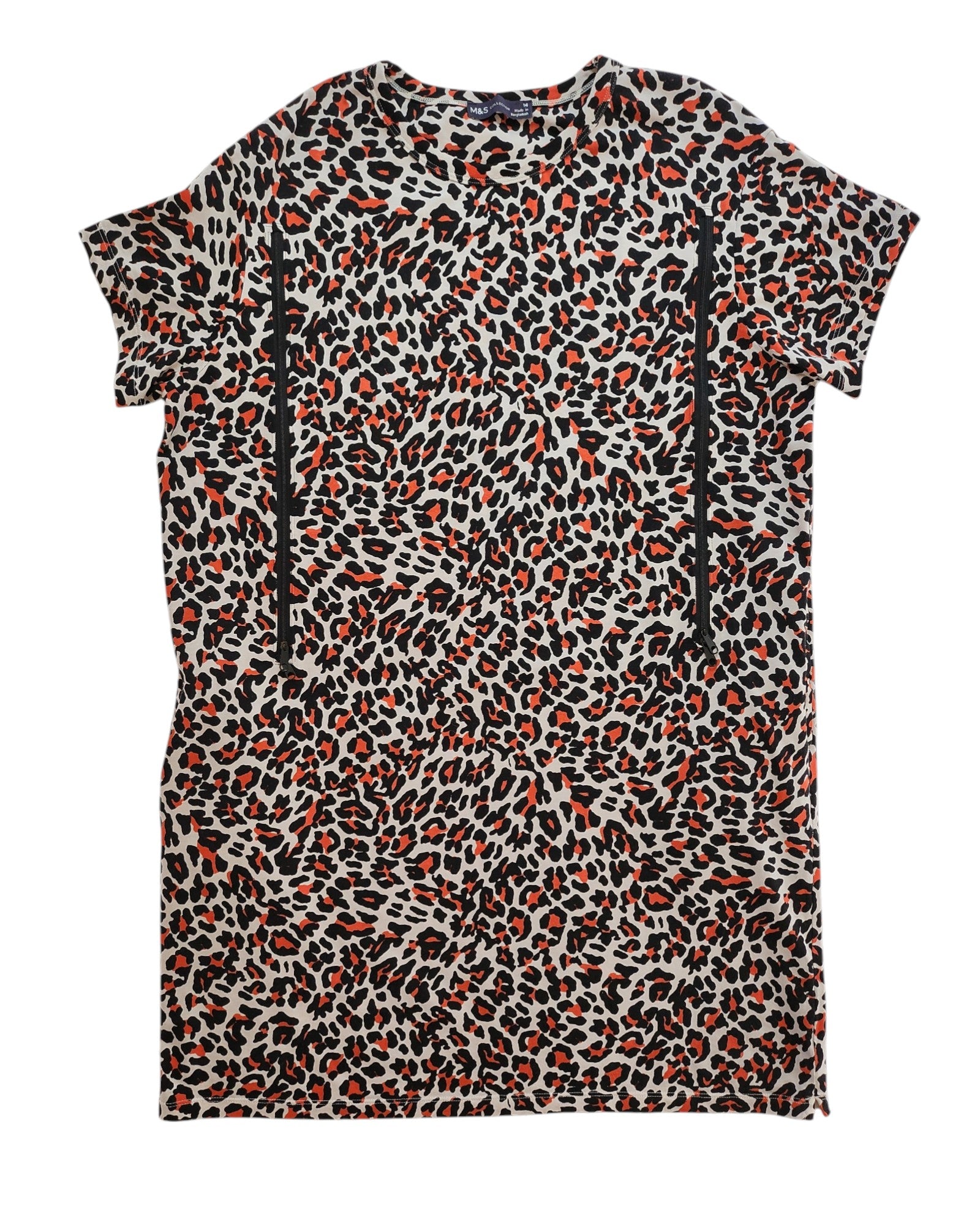 The Upcycled Breastfeeding & Pumping Leopard Pocket T-shirt Dress by touched out mama, UK14, features black, white, and orange spots with a relaxed fit and short sleeves. It includes two vertical black zippers on the front, blending stylish sustainability for eco-conscious fashion lovers.
