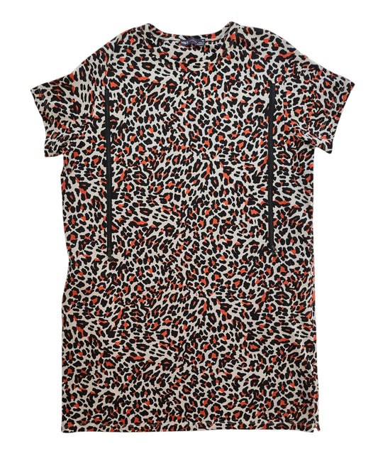 The Upcycled Breastfeeding & Pumping Leopard Pocket T-shirt Dress by touched out mama, UK14, features black, white, and orange spots with a relaxed fit and short sleeves. It includes two vertical black zippers on the front, blending stylish sustainability for eco-conscious fashion lovers.