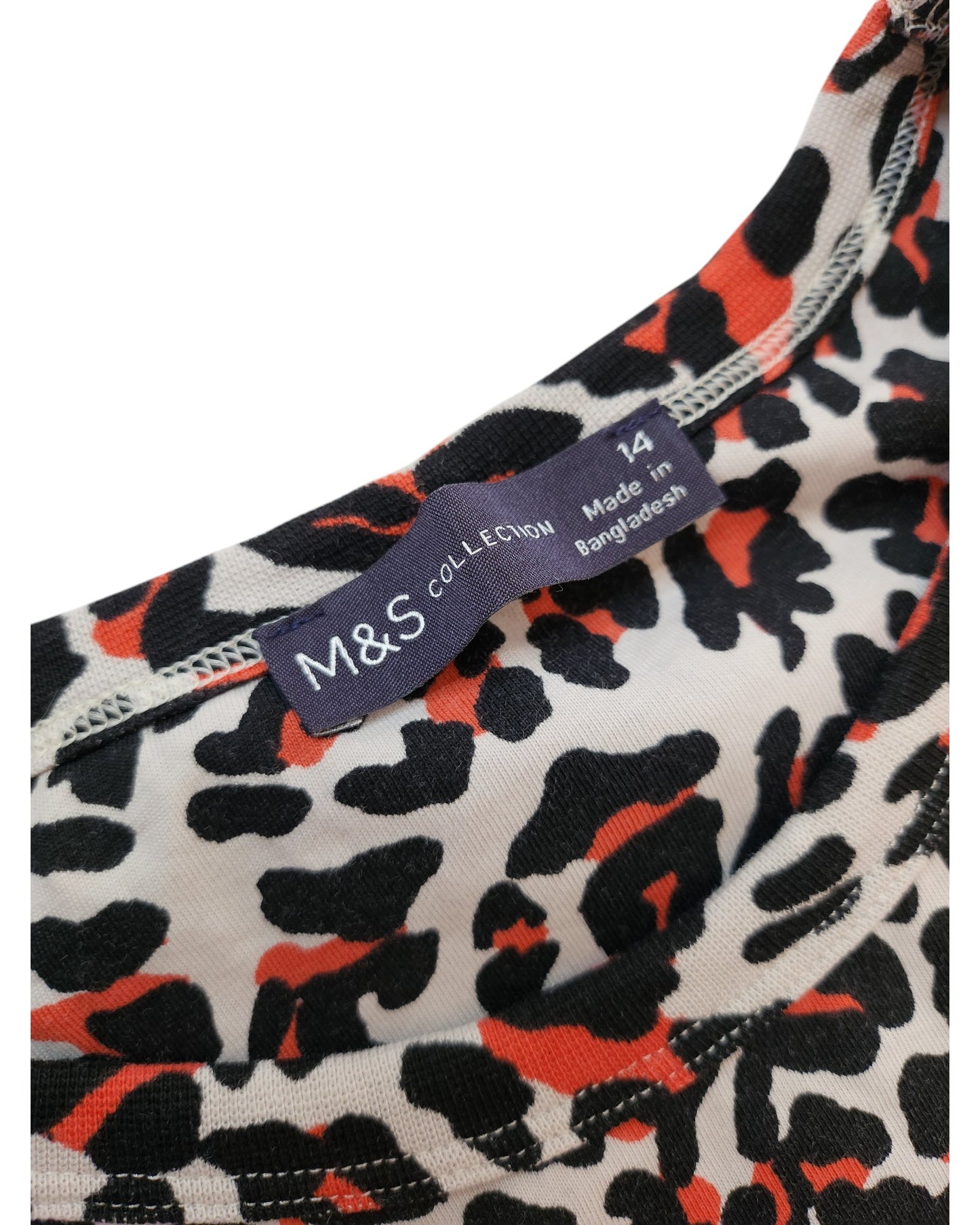 Close-up of a garments neckline showing a black and orange leopard print. Part of an eco-friendly line, the label reads touched out mama, Upcycled Breastfeeding (Nursing) & Pumping Leopard Pocket T-shirt Dress, UK14, carefully sewn into the fabric.