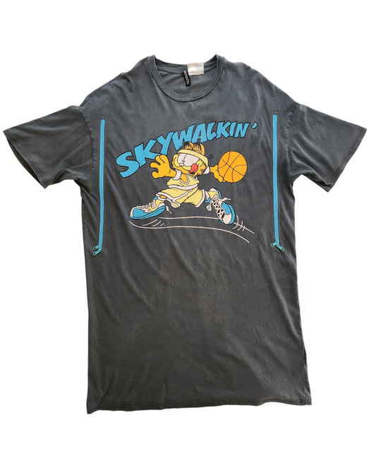 The touched out mama Upcycled Breastfeeding & Pumping Garfield t-shirt Dress M features Garfield playing basketball in a cap and sneakers under bold blue and yellow SKYWALKIN, crafted from upcycled clothing for an eco-friendly touch.
