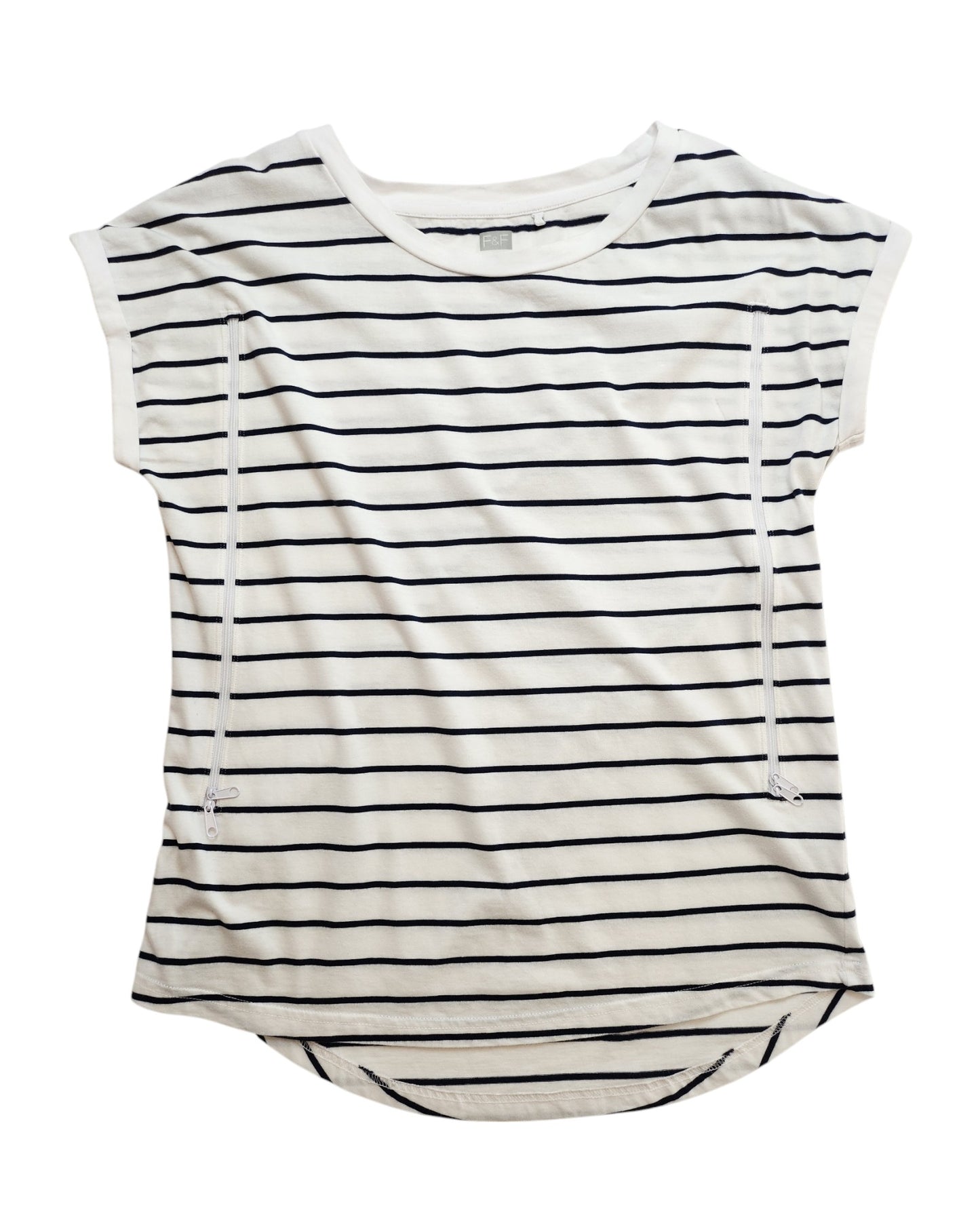 The Upcycled Breastfeeding & Pumping Stripe T-shirt UK12 by touched out mama is a white, short-sleeve tee with black stripes and two vertical zippers, designed for easy breastfeeding and pumping. It provides a modern, casual look while supporting eco-friendly fashion.