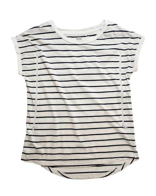 The Upcycled Breastfeeding & Pumping Stripe T-shirt UK12 by touched out mama is a white, short-sleeve tee with black stripes and two vertical zippers, designed for easy breastfeeding and pumping. It provides a modern, casual look while supporting eco-friendly fashion.