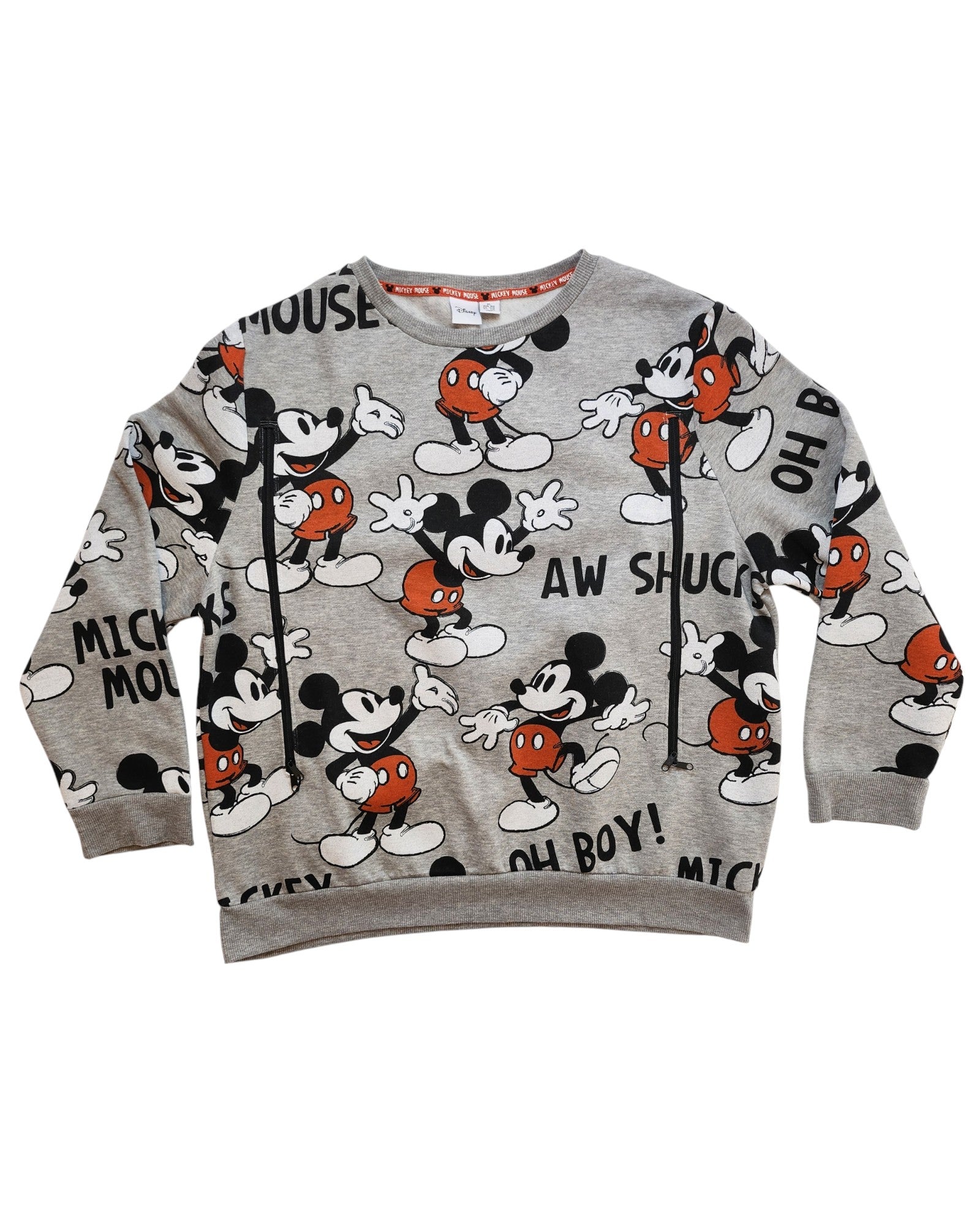 This eco-friendly XL gray sweatshirt from touched out mama features Mickey Mouse cartoons and phrases like AW SHUCKS, OH BOY, and MICKEY MOUSE in bold black and red lettering. Its ideal for breastfeeding and pumping moms.