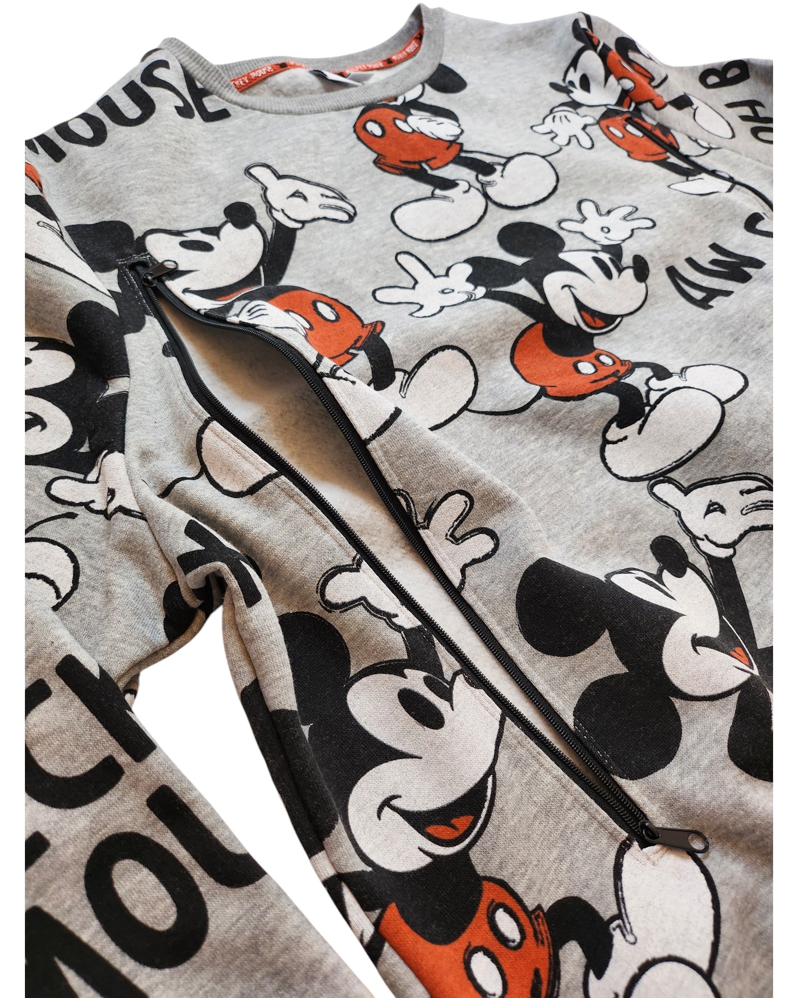 The Upcycled Breastfeeding & Pumping Mickey Mouse Disney Sweatshirt XL by touched out mama is an eco-friendly gray childrens hoodie featuring a zipper and various black-and-white Mickey Mouse images with red accents, crafted from upcycled materials.