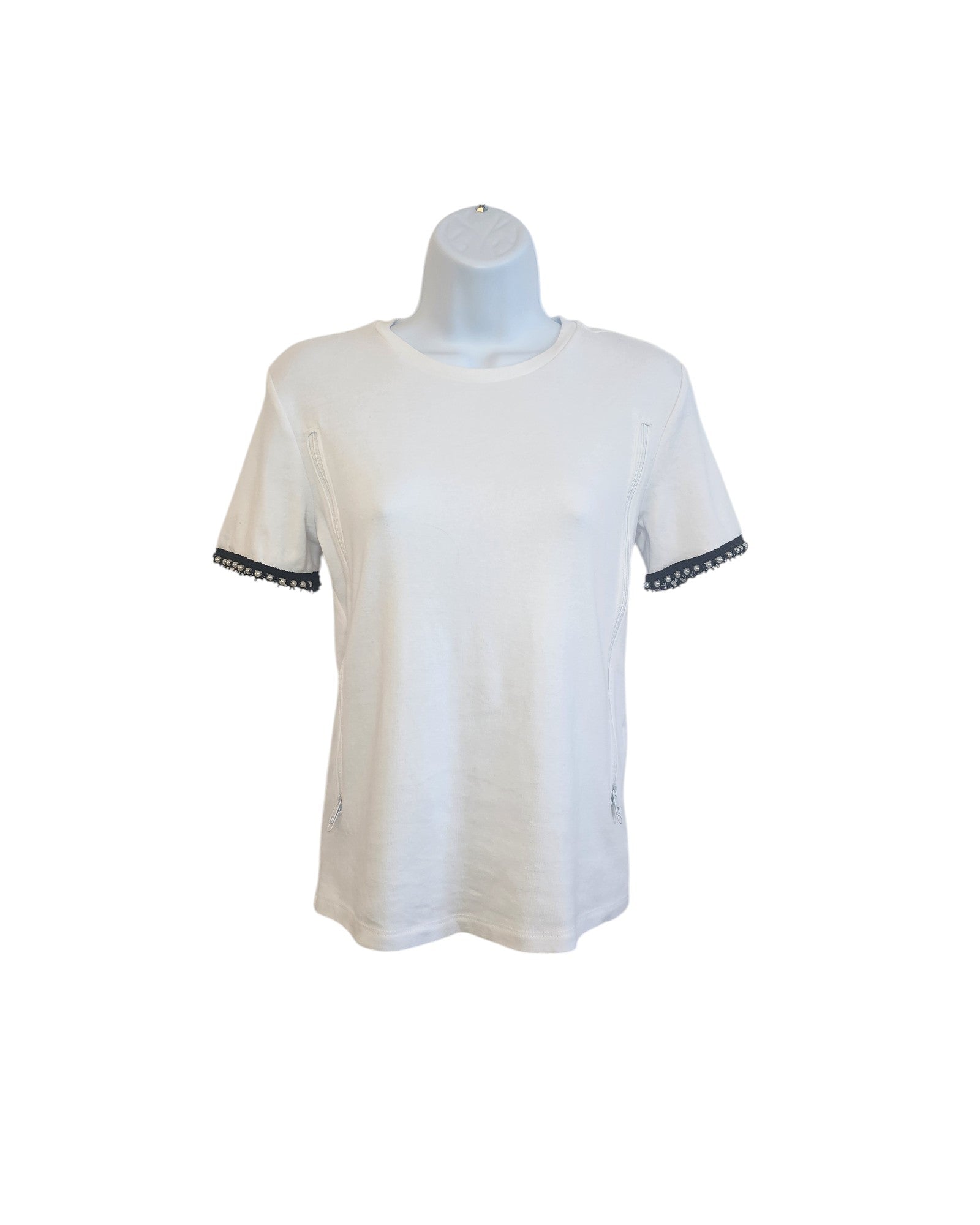 Upcycled Breastfeeding & Pumping Plain White ZARA T-shirt by touched out mama, featuring black lace trim on sleeve edges, showcased on a gray mannequin against a white background.
