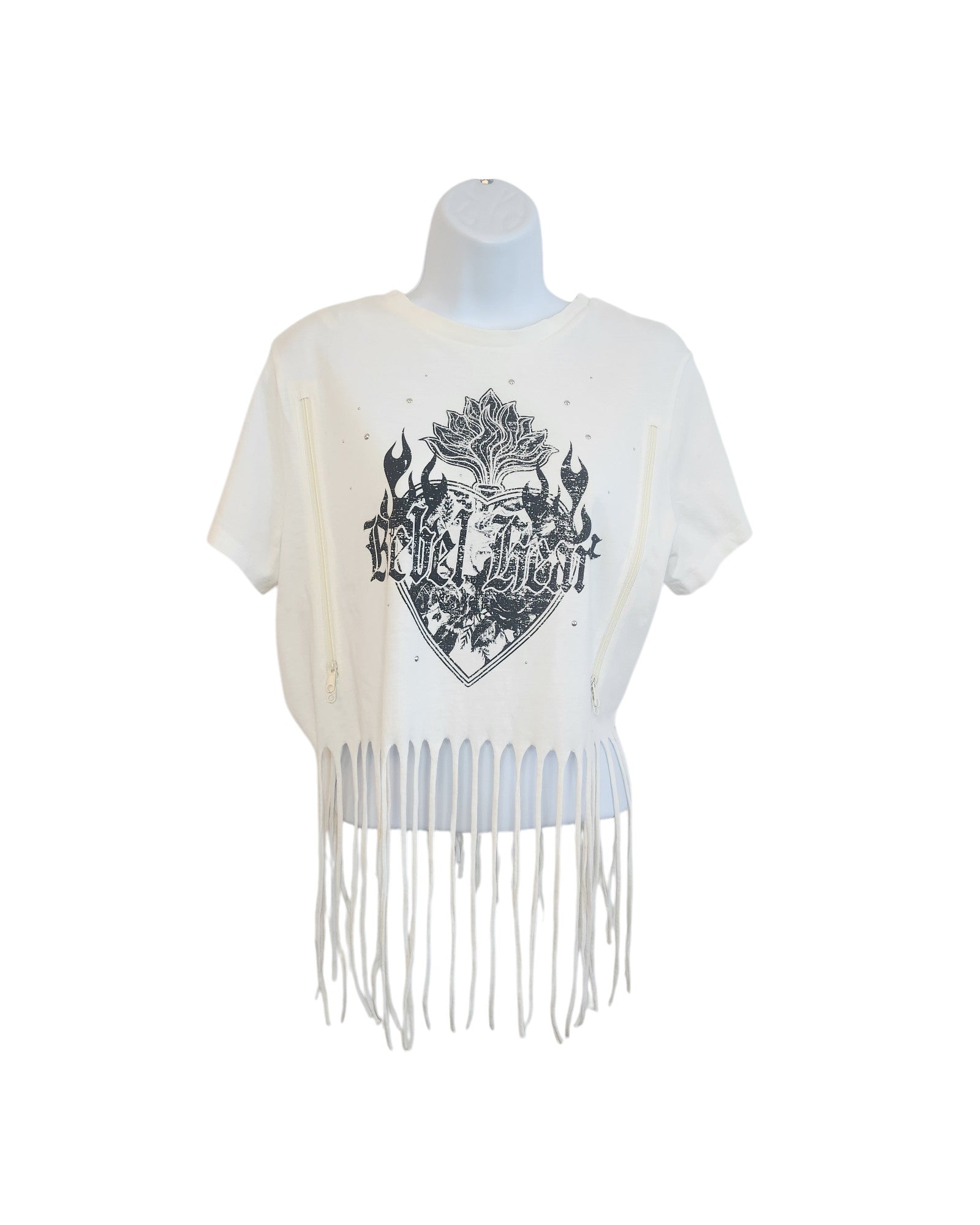The Upcycled Breastfeeding & Pumping Festival Fringing T-shirt M by touched out mama features a white design with a fringed hem and a black heart graphic with flames, a rose, and Rebel Heart text. Displayed on a mannequin against a plain background, its an eco-friendly fashion piece.
