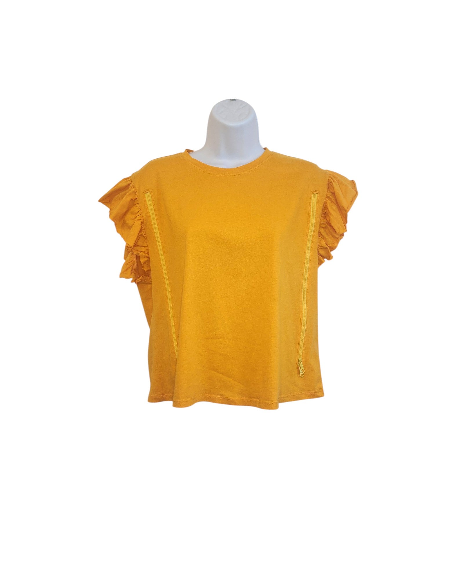 Displayed on a white mannequin against a plain background, the touched out mama Upcycled Breastfeeding & Pumping Plain Frill ZARA t-shirt in yellow boasts ruffled sleeves and decorative zippers made from upcycled clothing.