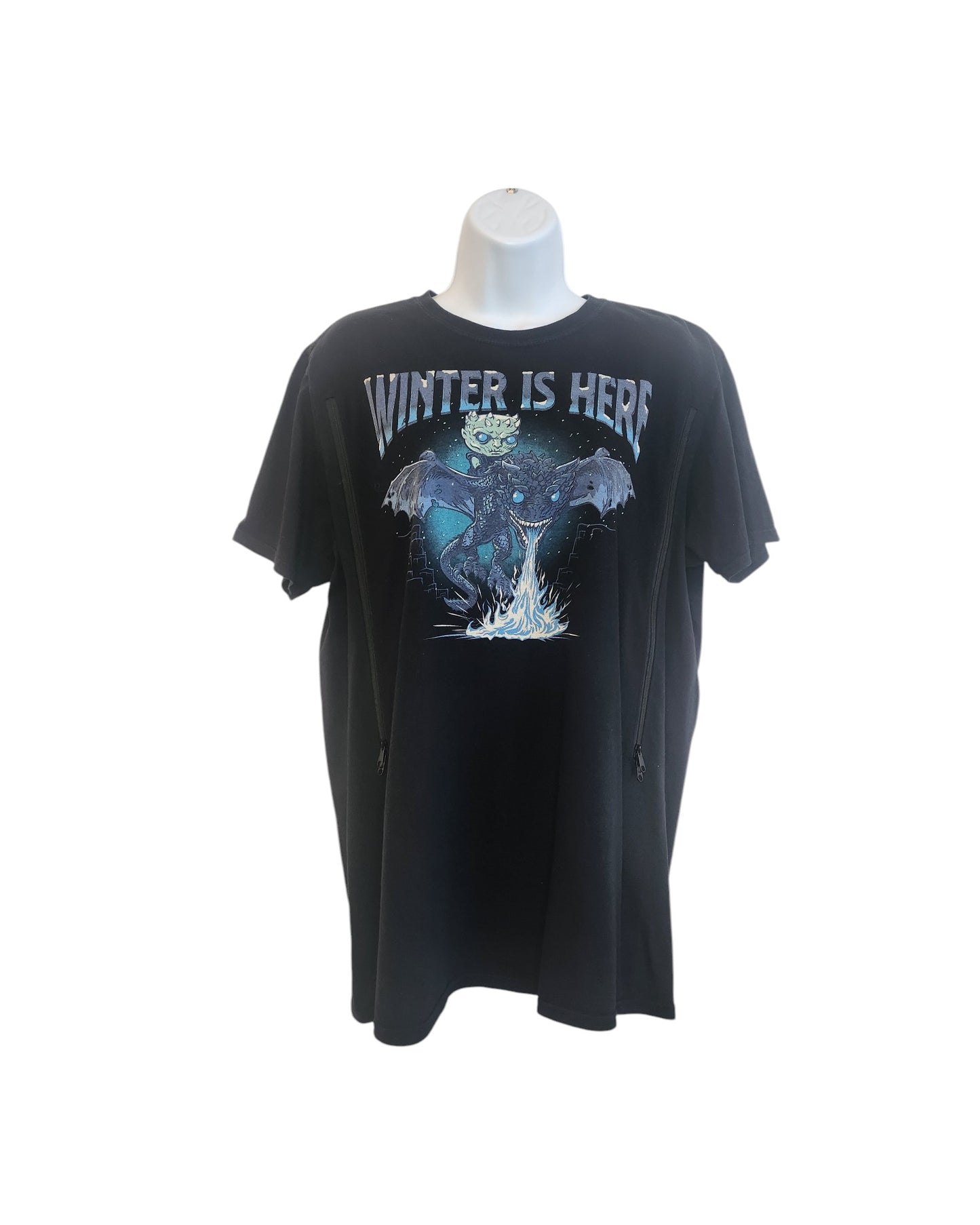 The touched out mama Upcycled Breastfeeding & Pumping Game of Thrones t-shirt L features a “Winter Is Here” graphic with an icy character, dragon, and flames—crafted from eco-friendly materials for a sustainable wardrobe update.