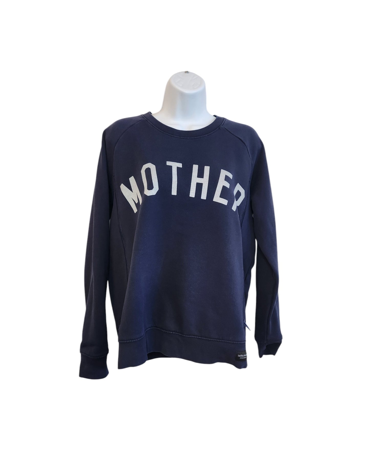 The Upcycled Breastfeeding & Pumping Mother Sweatshirt M by touched out mama is a navy blue, long-sleeve eco-friendly top with “MOTHER” in white across the chest, modeled on a white mannequin as part of our upcycled collection.