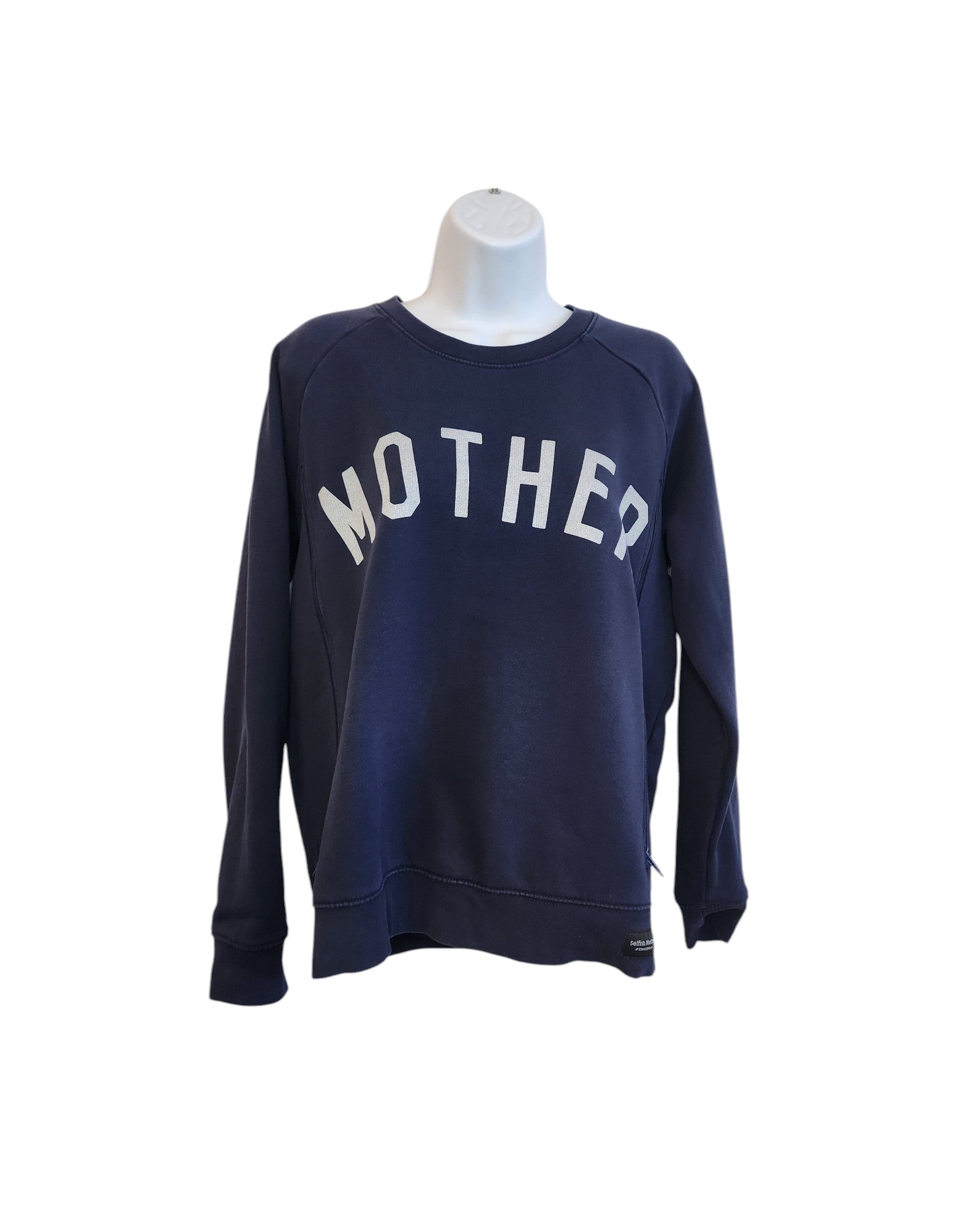 The Upcycled Breastfeeding & Pumping Mother Sweatshirt M by touched out mama is a navy blue, long-sleeve eco-friendly top with “MOTHER” in white across the chest, modeled on a white mannequin as part of our upcycled collection.