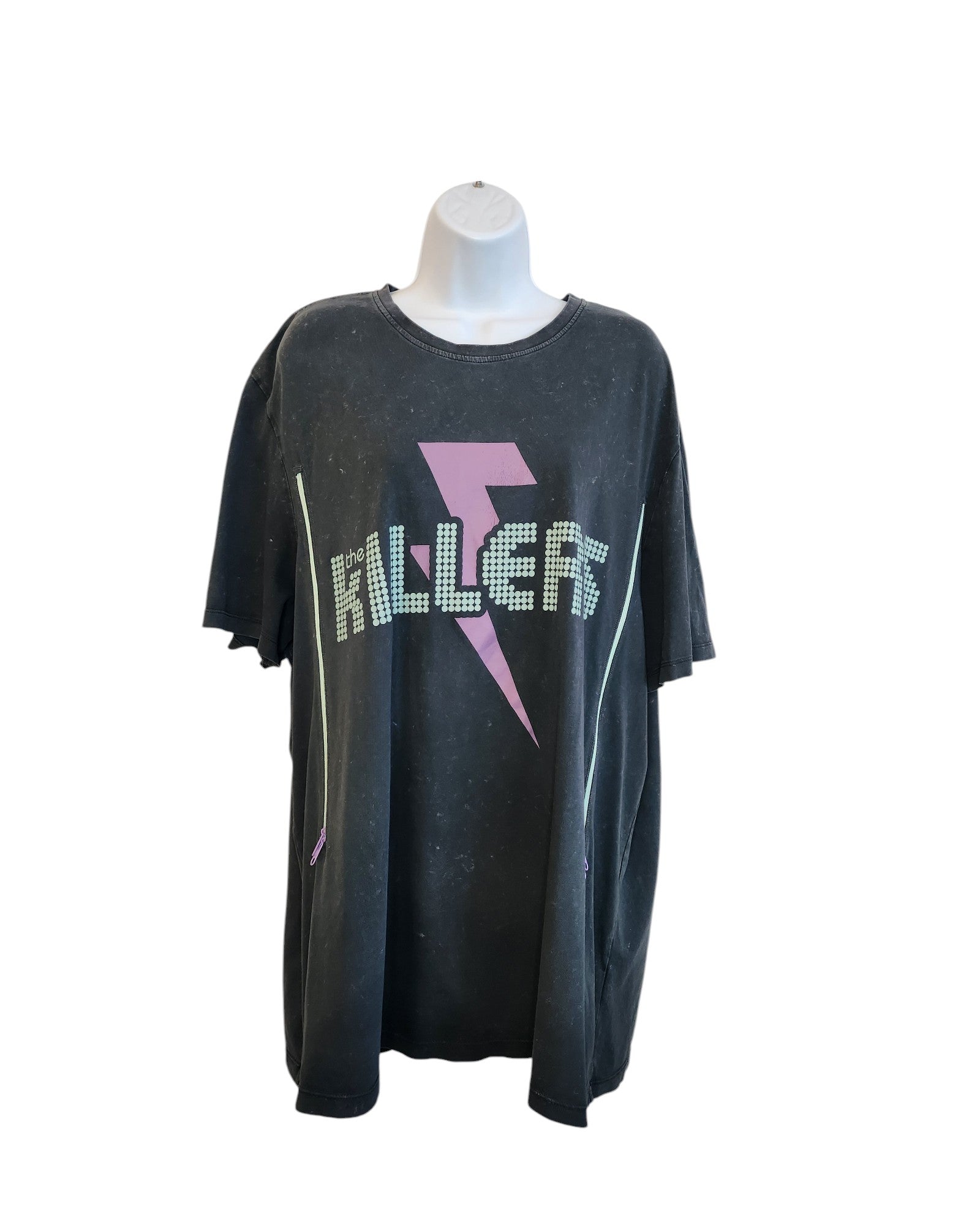 A preloved Upcycled Breastfeeding (Nursing) & Pumping The Killers black t-shirt by touched out mama, features KILLER in white block letters and a bold pink lightning bolt on a white mannequin. The distressed charm with small white specks celebrates the unique character of upcycled clothing.