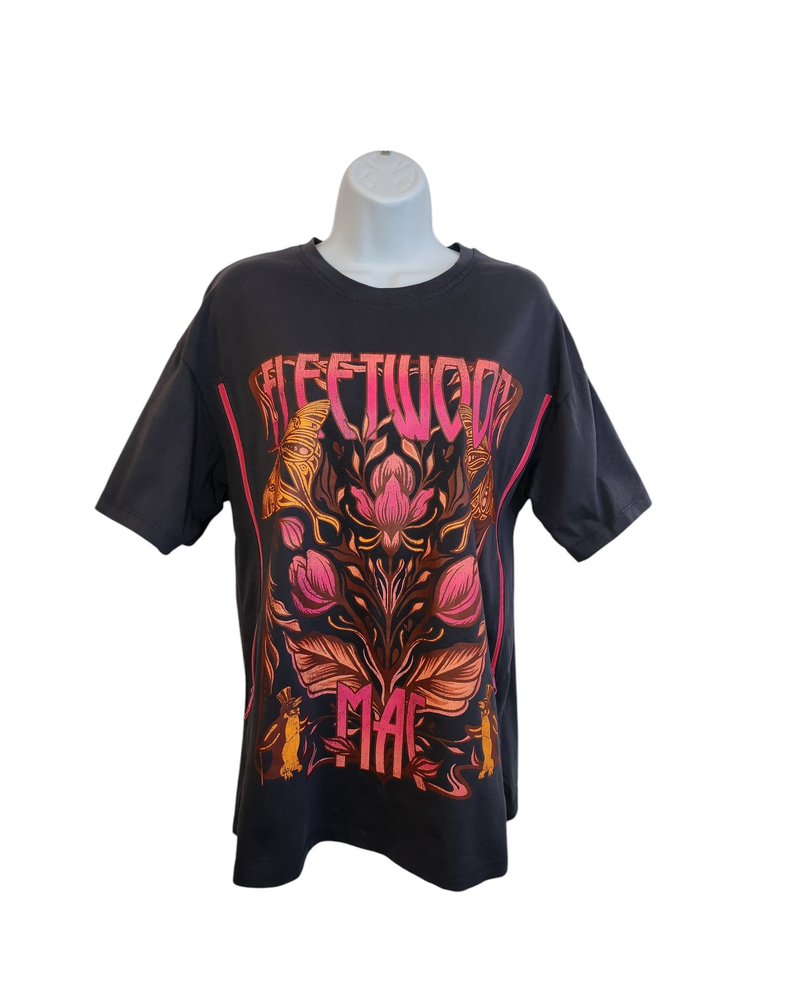 The touched out mama Upcycled Breastfeeding & Pumping Fleetwood Mac Floral T-shirt (XS) features stylized flowers, bold FLEETWOOD MAC text, and offers a unique, eye-catching design—perfect for music-loving nursing moms.