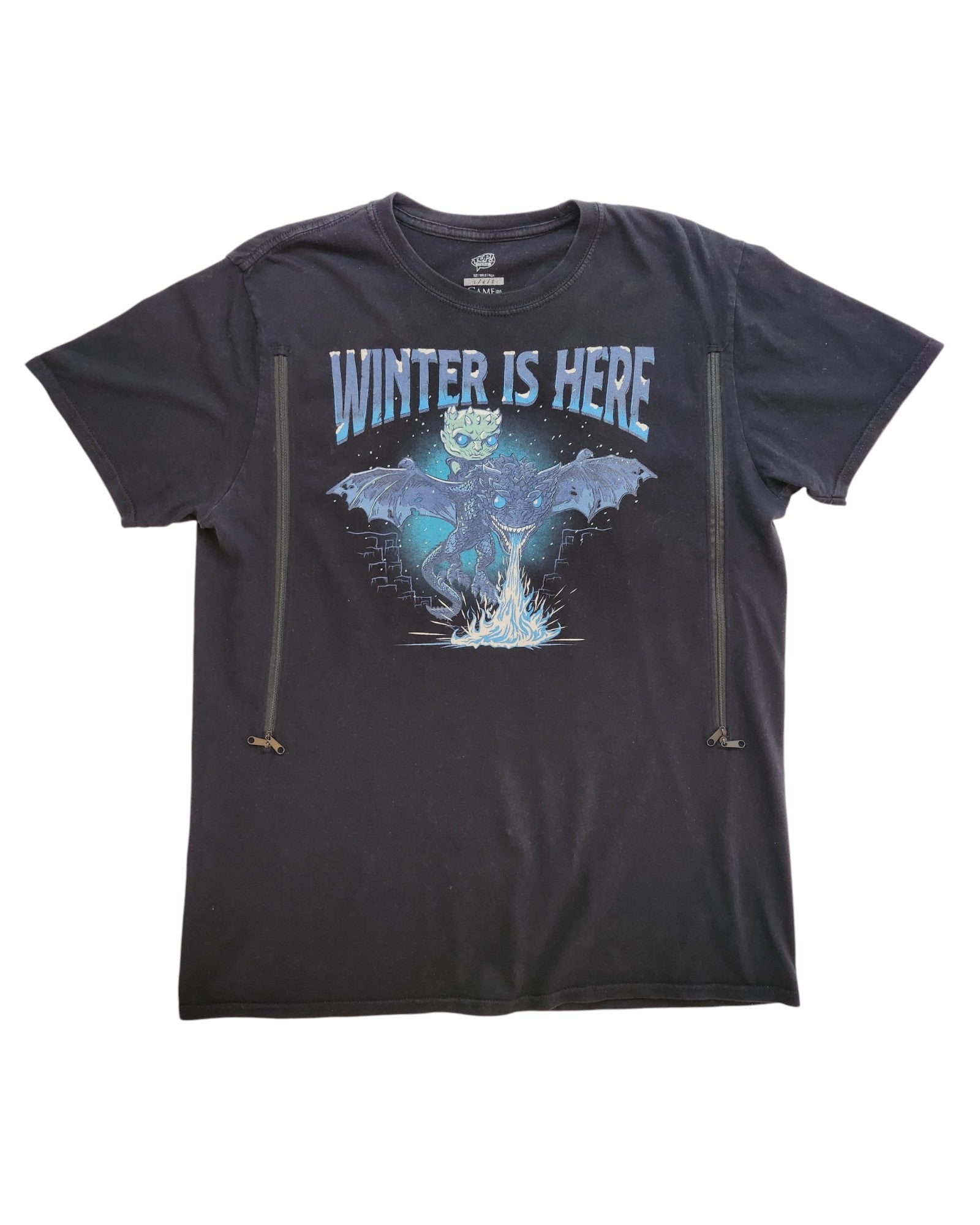 The Upcycled Breastfeeding & Pumping Game of Thrones t-shirt L by touched out mama features a blue icy figure and dragon graphic with Winter Is Here text, plus two front zippers. Eco-friendly design for nursing moms.