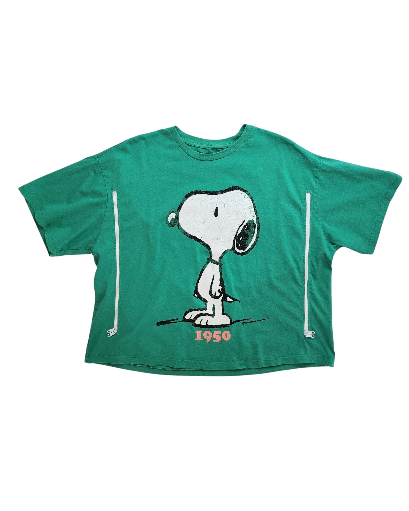 Touched out mamas green upcycled breastfeeding (nursing) & pumping Peanuts Snoopy T-shirt in size M features an oversized fit, eco-friendly design, and a black and white sketch of Snoopy standing upright with 1950 printed in red below.