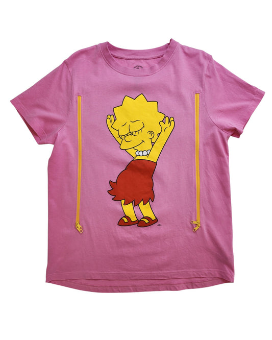 The pink upcycled t-shirt by touched out mama features a playful Lisa Simpson, with her yellow skin and red dress, dancing joyfully. Two vertical yellow zippers on the sides add flair to this unique breastfeeding and pumping top.