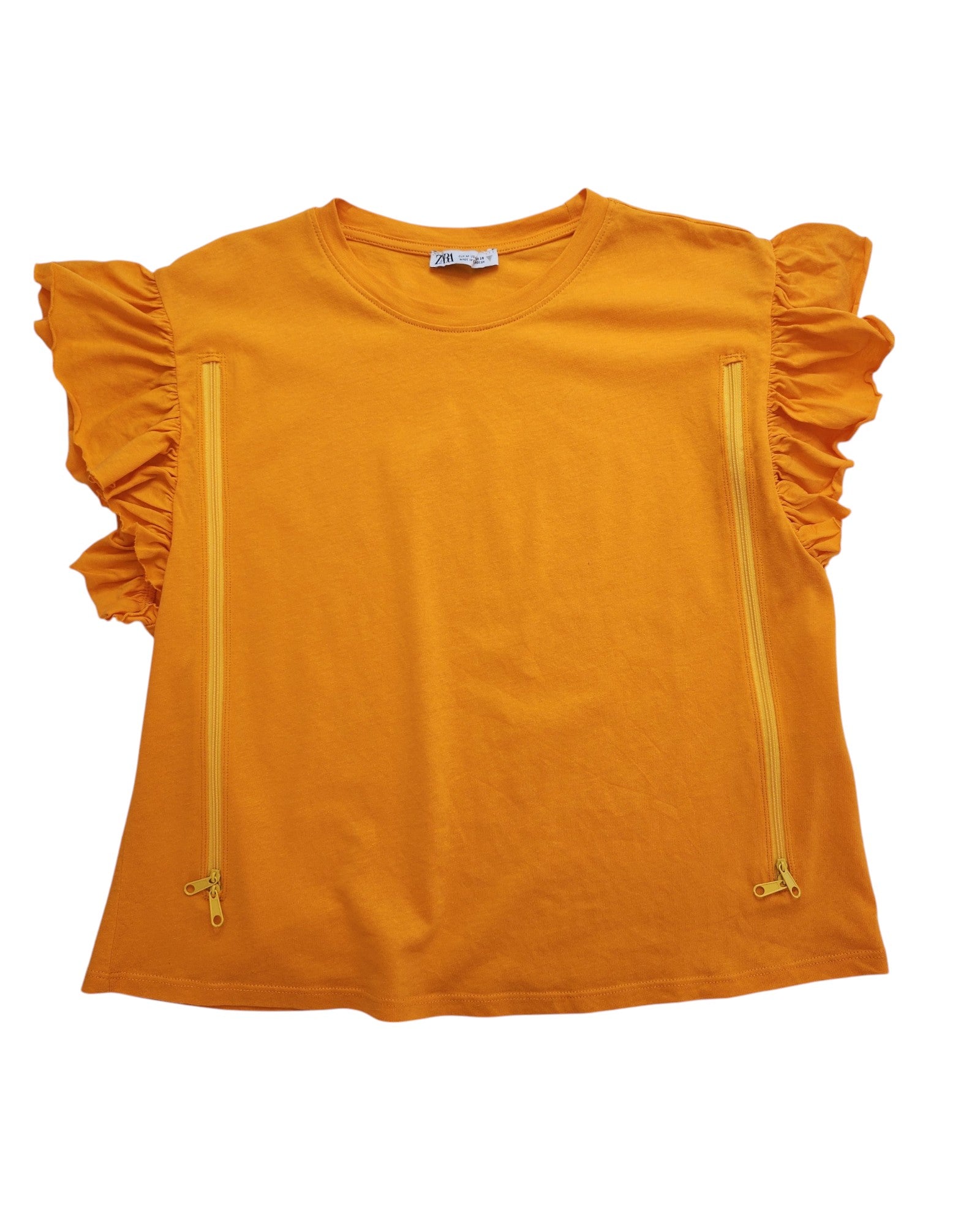 The Upcycled Breastfeeding & Pumping Plain Frill ZARA t-shirt M by touched out mama features a stylish orange short-sleeve design with ruffled shoulders and two vertical zippers on the front, crafted from upcycled clothing for an eco-friendly touch.