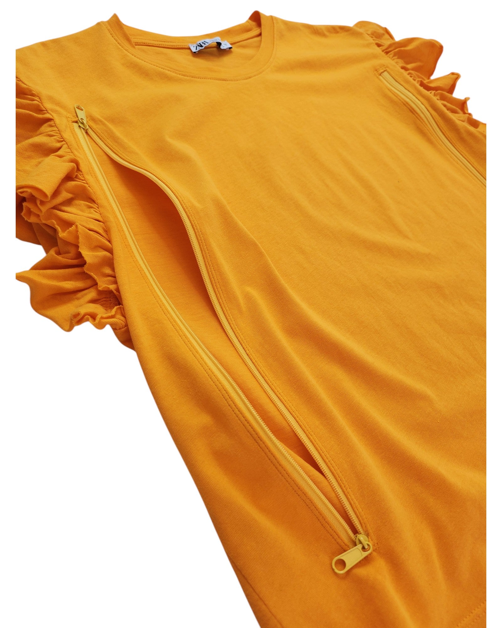 The Upcycled Breastfeeding & Pumping Frill ZARA t-shirt M by touched out mama is an eco-friendly, mustard yellow tee with ruffled sleeves and two vertical chest zippers that open to reveal matching fabric, perfect for stylish nursing moms.
