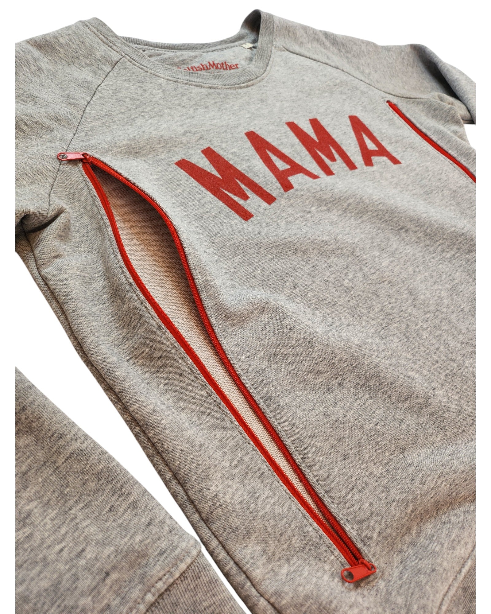 The touched out mama Upcycled Breastfeeding (Nursing) & Pumping MAMA Sweatshirt M is a preloved gray sweatshirt with MAMA in red and two vertical side zippers for breastfeeding convenience, featuring a classic neckline and sleeves.