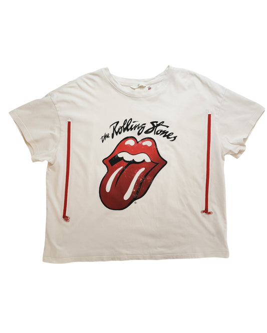 The Upcycled Breastfeeding (Nursing) & Pumping The Rolling Stones t-shirt XL by touched out mama is a white tee featuring a red and black open-mouthed tongue logo with the phrase The Rolling Stones above it, enhanced with vertical red zipper accents for breastfeeding convenience.