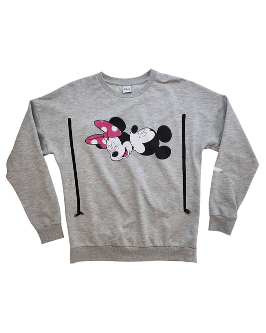 The touched out mama Upcycled Breastfeeding & Pumping Sweatshirt features upside-down cartoon characters with large ears and closed eyes, including one with a pink bow. It has two vertical side zippers, making it an eco-affordable option for breastfeeding wear or as upcycled preloved clothing.