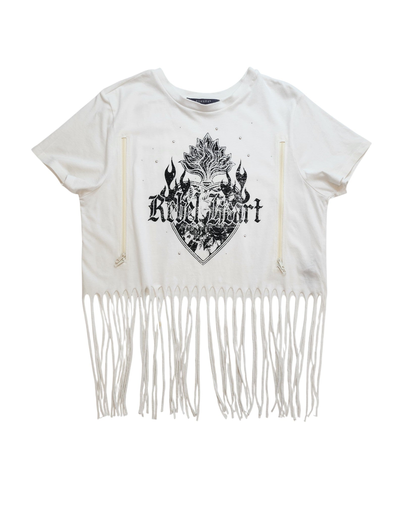 The Upcycled Breastfeeding & Pumping Festival Fringing t-shirt M by touched out mama is a white, cropped tee with fringe and a bold shield design in black ink featuring flames and ornamental details. It reads Rebel Heart and includes zippered slits near the chest.