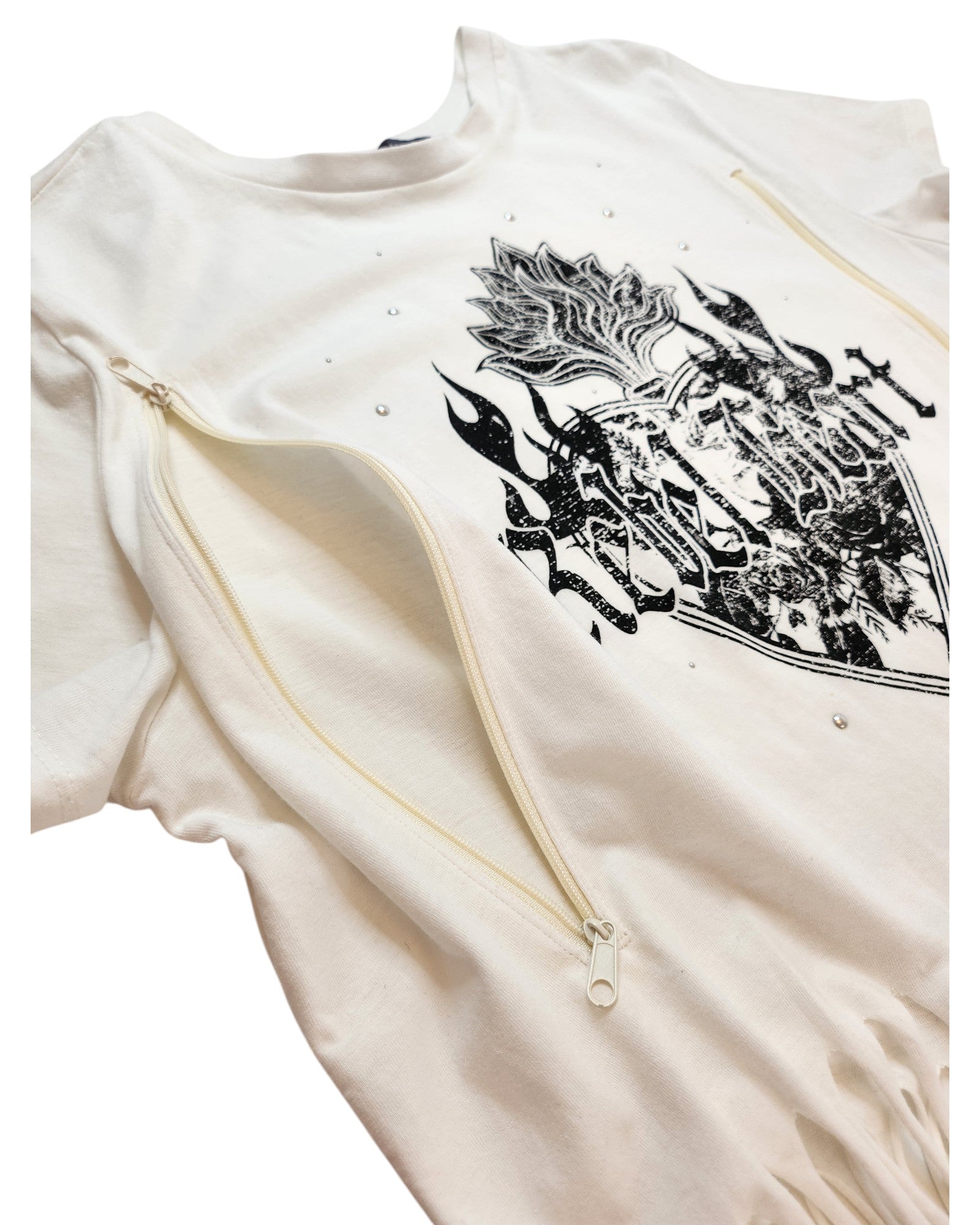The Upcycled Breastfeeding & Pumping Festival Fringing t-shirt M by touched out mama is a white shirt with a black graphic design of stylized plants or flames, featuring abstract patterns. Its eco-friendly and made from upcycled clothing, with decorative zippers diagonally placed near the design.
