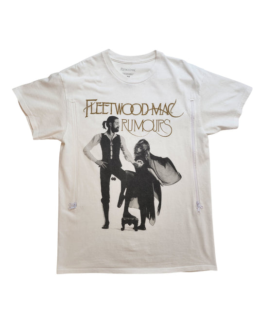 The touched out mama Upcycled Breastfeeding & Pumping Fleetwood Mac White T-shirt (M) is an eco-friendly shirt featuring a black-and-white print of two people and a dog, plus Fleetwood Mac Rumours in bold letters.