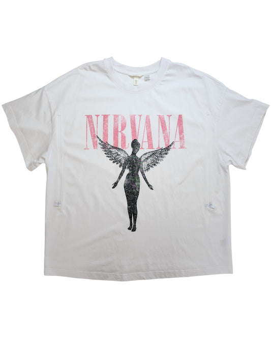 The Upcycled Breastfeeding & Pumping White Nirvana T-shirt 3XL by touched out mama features pink NIRVANA text and a black angel-like figure, combining eco-friendly fashion with casual style.