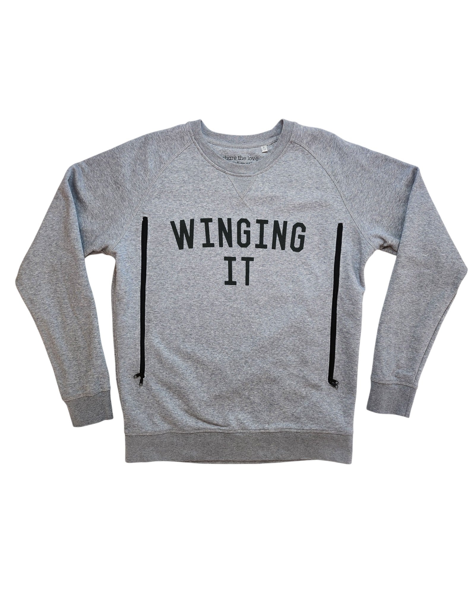 The touched out mama Upcycled Breastfeeding & Pumping Winging It Sweatshirt XL is a light gray, affordable option with bold black WINGING IT text, long sleeves, and two vertical black zippers for easy, stylish nursing access.