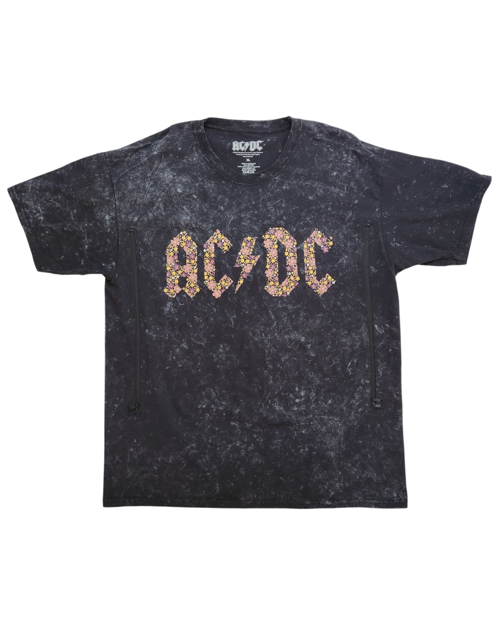 Upcycled Breastfeeding & Pumping Floral AC/DC t-shirt by touched out mama in XL, showcasing a floral front logo with a weathered, speckled texture.