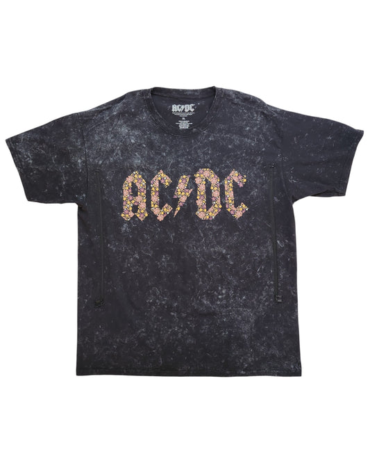 Upcycled Breastfeeding & Pumping Floral AC/DC t-shirt by touched out mama in XL, showcasing a floral front logo with a weathered, speckled texture.