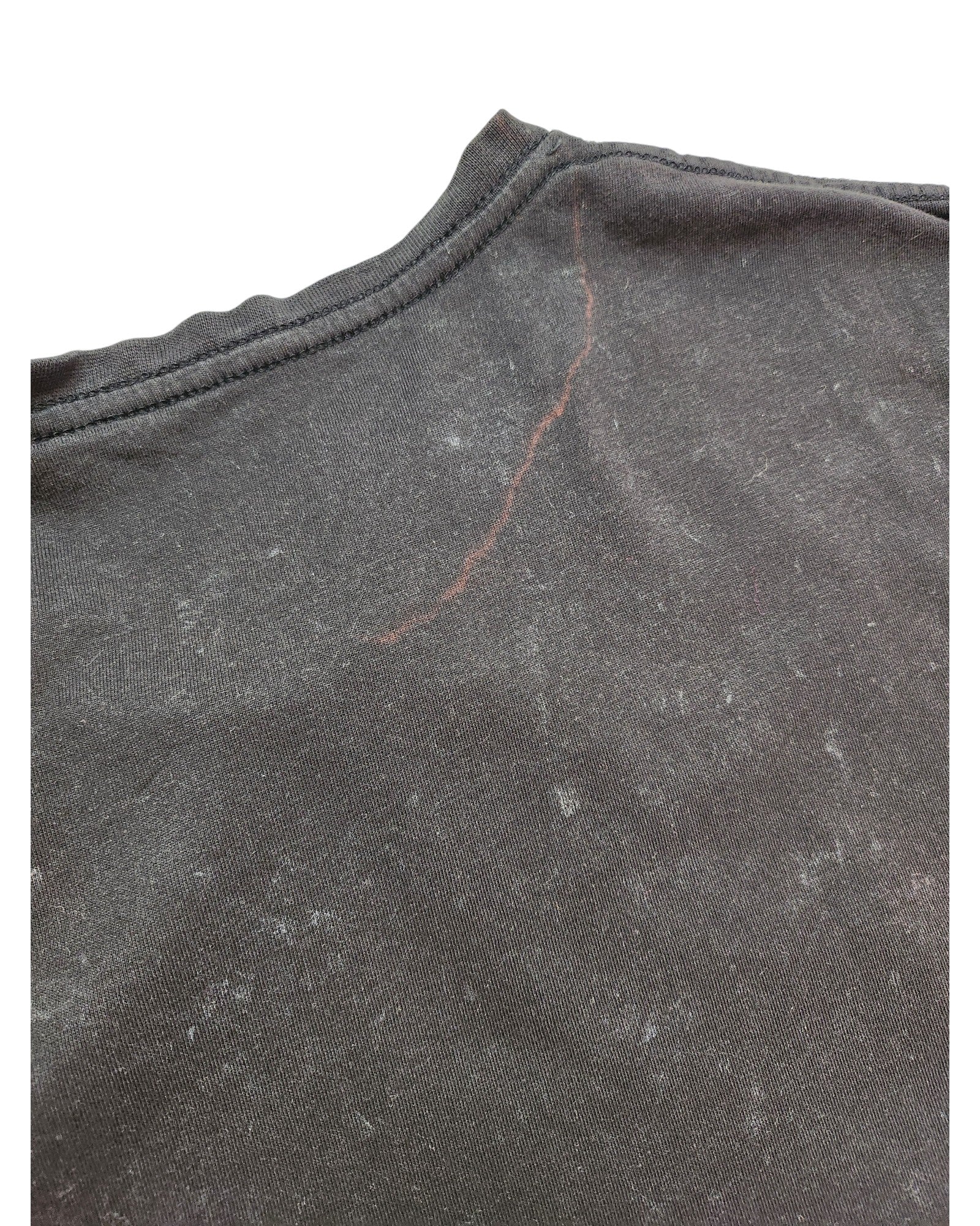 The Upcycled Breastfeeding (Nursing) & Pumping Britney T-shirt M from touched out mama features a dark gray fabric with a subtle marbled texture. A faint reddish diagonal line near the collar adds character, and the material is soft with a slightly worn appearance.