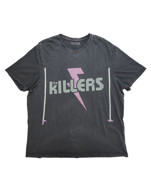 Upcycled 2XL The Killers T-shirt by touched out mama, featuring the bands name in pixelated font, a large pink lightning bolt at the center, and two unique white zipper designs below for breastfeeding and pumping.