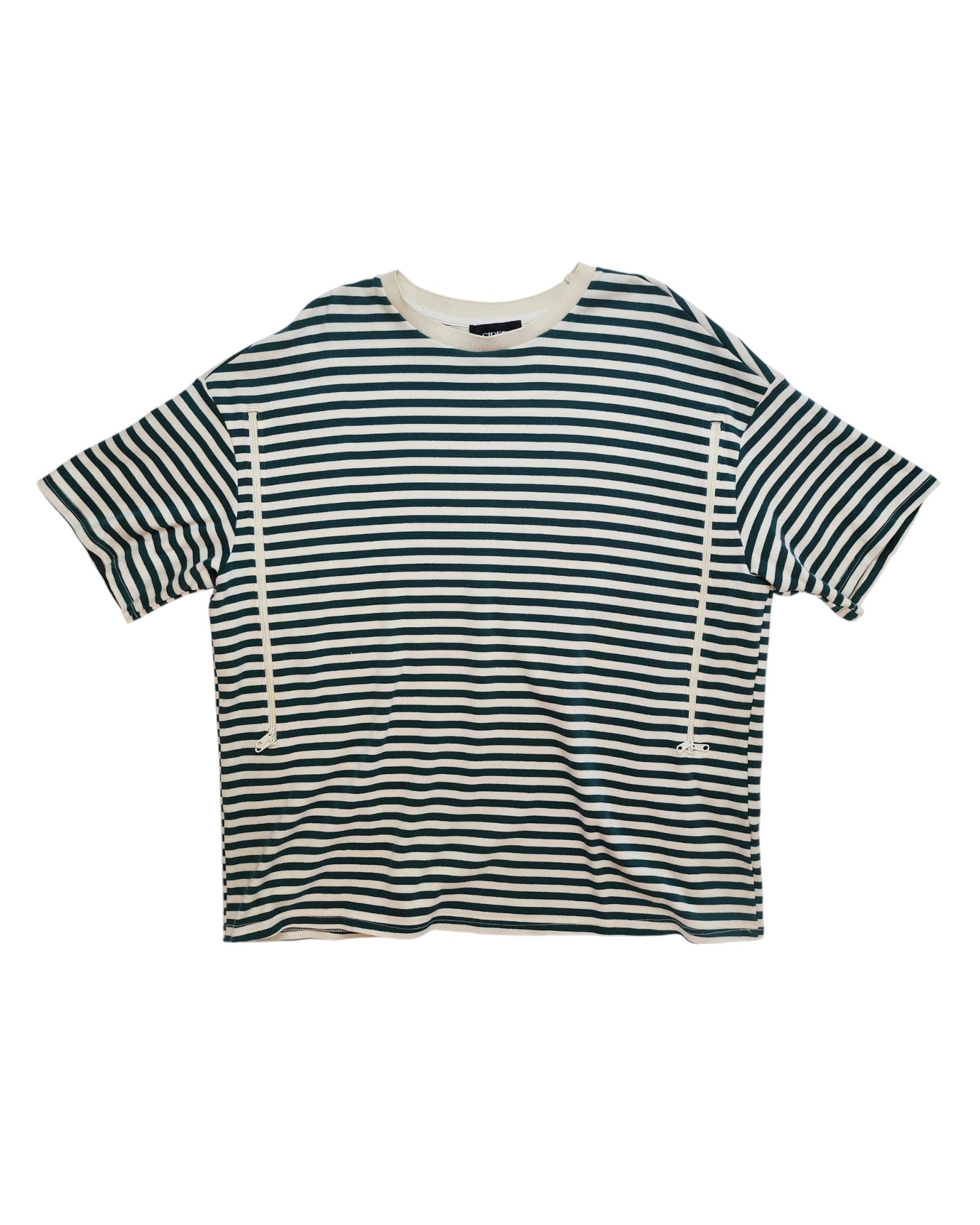 The Upcycled Breastfeeding & Pumping Green Stripe T-Shirt XL by touched out mama is part of a sustainable fashion line, offering a soft, comfortable feel with short sleeves and loose fit. It boasts black and white stripes with a black label inside the collar, ideal for everyday wear.
