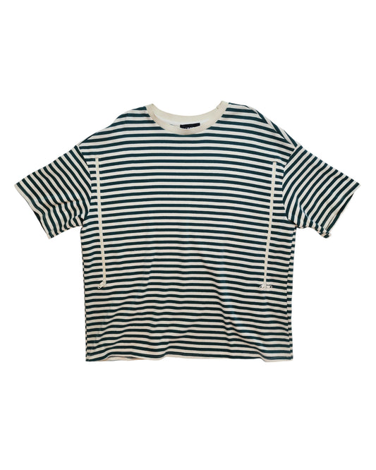 The Upcycled Breastfeeding & Pumping Green Stripe T-Shirt XL by touched out mama is part of a sustainable fashion line, offering a soft, comfortable feel with short sleeves and loose fit. It boasts black and white stripes with a black label inside the collar, ideal for everyday wear.