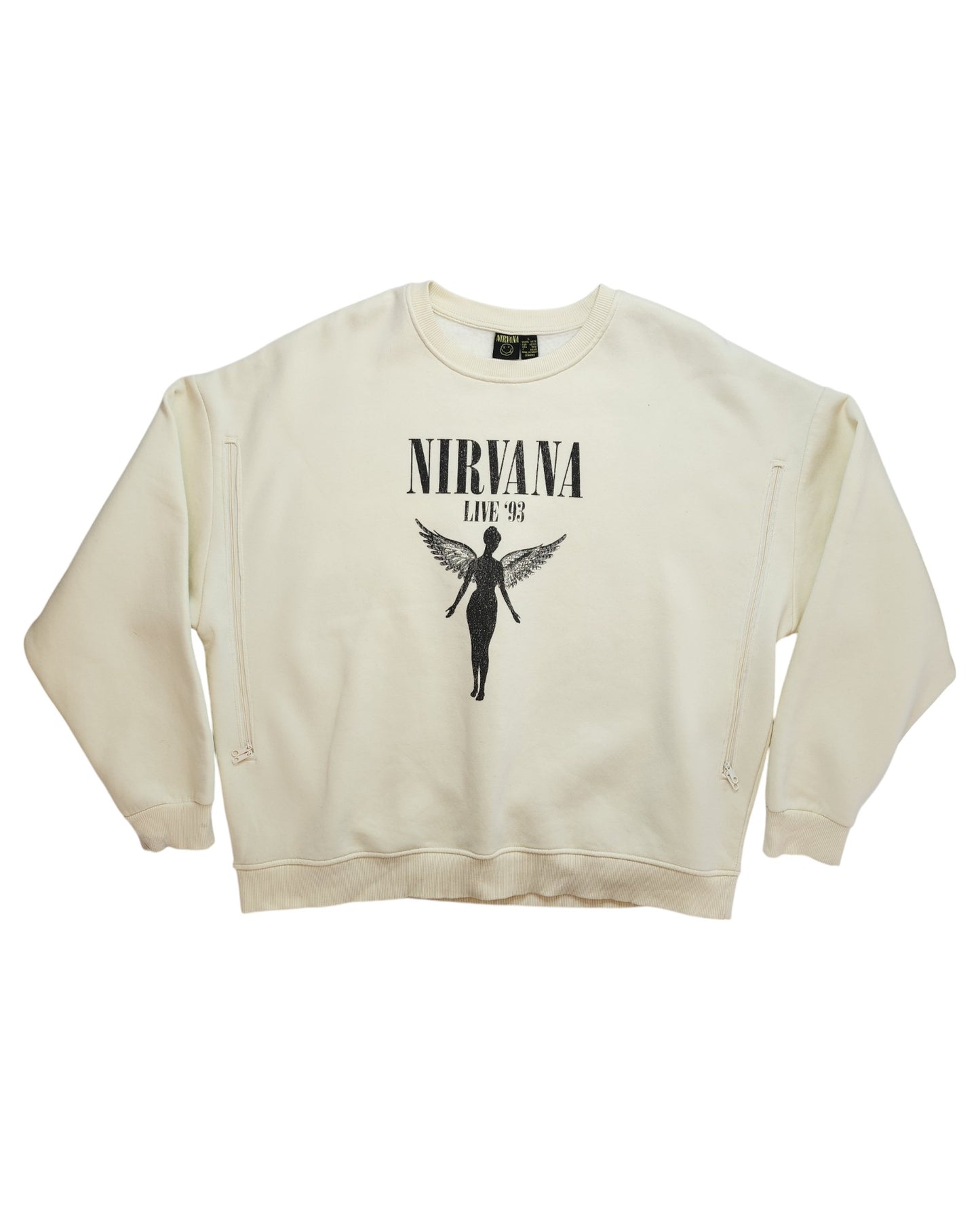Touched Out Mamas upcycled breastfeeding and pumping cream Nirvana sweatshirt features a black graphic angel silhouette and NIRVANA LIVE 93 text. Part of an affordable eco-friendly fashion line, it has a relaxed fit with ribbed cuffs and hem. Available in size L.