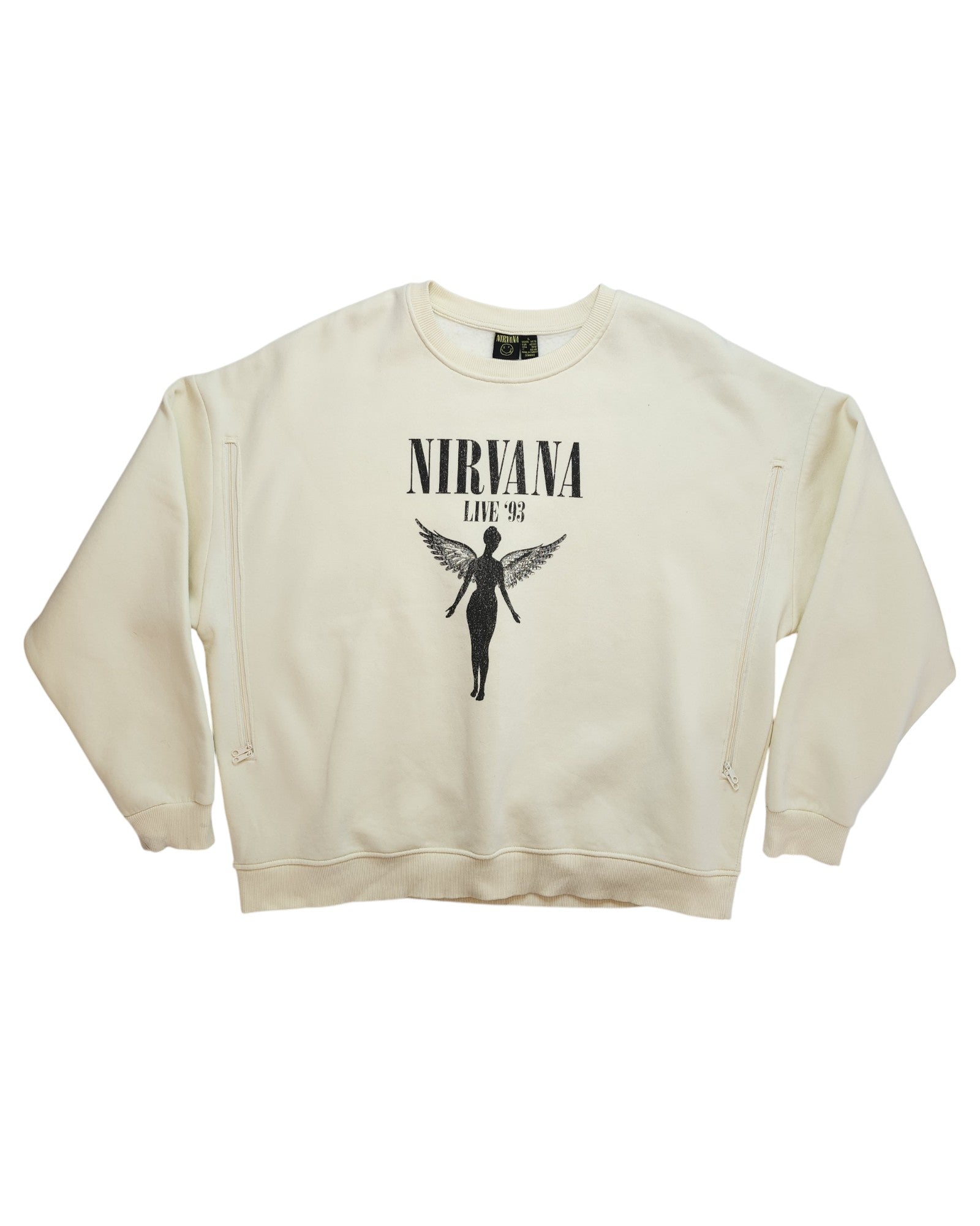 Touched Out Mamas upcycled breastfeeding and pumping cream Nirvana sweatshirt features a black graphic angel silhouette and NIRVANA LIVE 93 text. Part of an affordable eco-friendly fashion line, it has a relaxed fit with ribbed cuffs and hem. Available in size L.